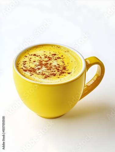 Vibrant Turmeric Latte with Cinnamon Spice in Yellow Cup on White Background