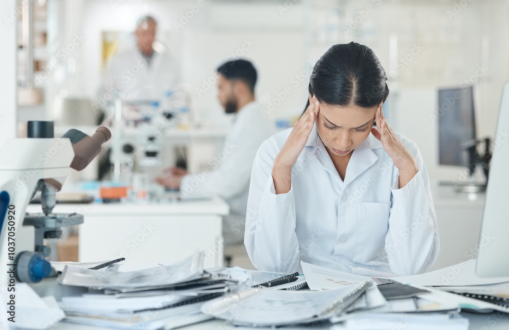 Science, stress and woman in laboratory with documents for medical analysis, research and study. Healthcare, biotechnology and scientist with paperwork for burnout, fatigue and frustrated at desk Science, stress and woman in laboratory with documents for medical analysis, research and study. Healthcare, biotechnology and scientist with paperwork for burnout, fatigue and frustrated at desk