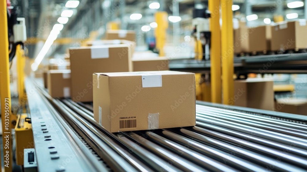 Packaging line, products being boxed, conveyor belt Packaging line, products being boxed, conveyor belt