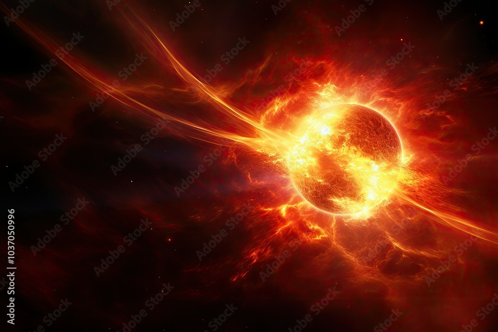 Obraz premium A vivid display of colors surrounds a fiery sun in space showcasing dramatic energy waves and swirling gases as they interact with the celestial body