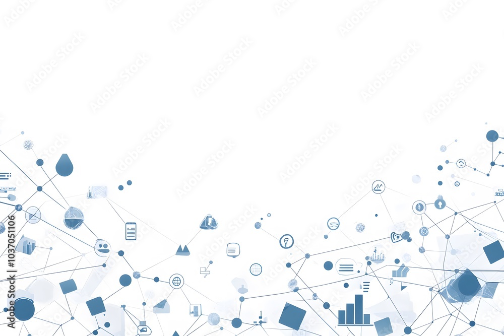 Abstract Blue Network of Icons and Lines on White Background Abstract Blue Network of Icons and Lines on White Background