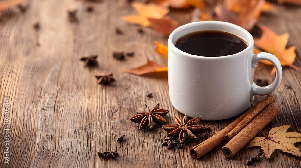 Autumnal Coffee Moment with Cinnamon and Star Anise on Rustic Wooden Table Autumnal Coffee Moment with Cinnamon and Star Anise on Rustic Wooden Table