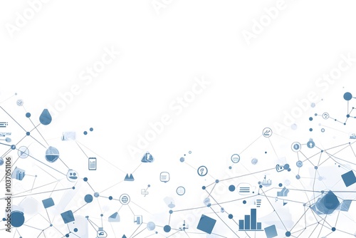 Abstract Blue Network of Icons and Lines on White Background