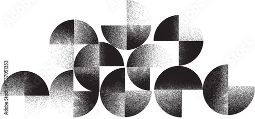 Grainy geometric circle art composition .Graffiti art design . Noise textured quarter circles. Grainy effect .Geometric logo .Art design forms.Distressed element .Rough circles and semicircles .Vector