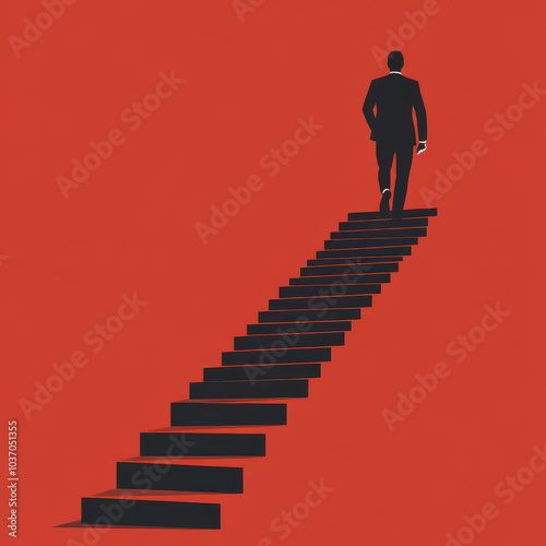 person in suit ascends staircase against bold red background, symbolizing ambition and progress. stark contrast emphasizes journey towards success