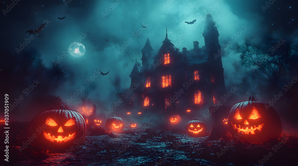 Halloween Background Featuring a Haunted House Surrounded by Pumpkins and Eerie Trees, Creating a Spooky Atmosphere Perfect for Celebrating the Holiday with a Touch of Mystery and Adventure, Evoking t Halloween Background Featuring a Haunted House Surrounded by Pumpkins and Eerie Trees, Creating a Spooky Atmosphere Perfect for Celebrating the Holiday with a Touch of Mystery and Adventure, Evoking t