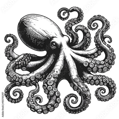 Octopus sketch engraving on a white background