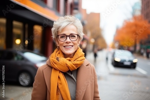 Portrait of a happy senior woman walking in a city street wearing eyeglasses