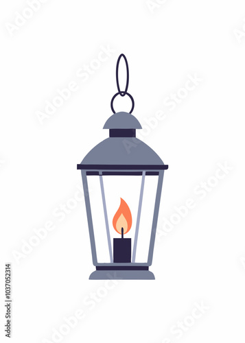 Lantern with warm light, flame inside. Lamp from metal and glass, candlelight, candle fire burning. Hanging decoration with burner. Flat vector illustration isolated on white background
