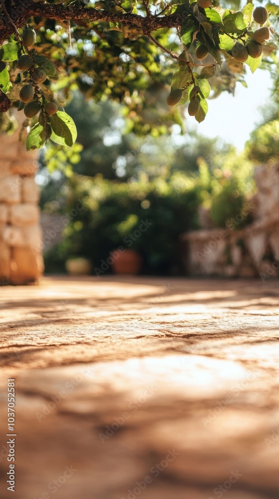 Ground level angle view, terracotta surface with blurred fig trees and weathered stone walls, offering a warm Mediterranean harvest scene, ad promo template, fig branding, rustic decor Ground level angle view, terracotta surface with blurred fig trees and weathered stone walls, offering a warm Mediterranean harvest scene, ad promo template, fig branding, rustic decor