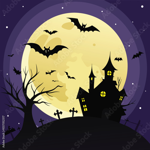 Full Moon Halloween Scene with Bats