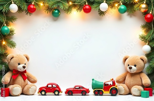 frame for text made from colourful kids toys, teddy bears, toy cars, balls, cubes, with golden garland lights, on white Christmas background, festive golden bokeh 