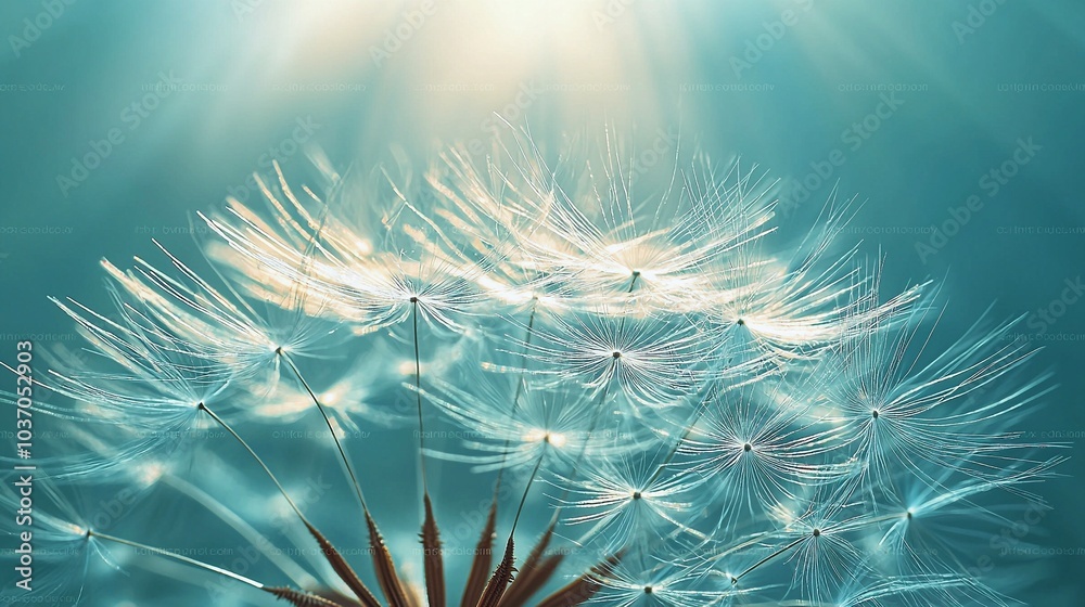 Fototapeta premium Stunning Dandelion Seed Detail Illuminated by Soft Morning Light