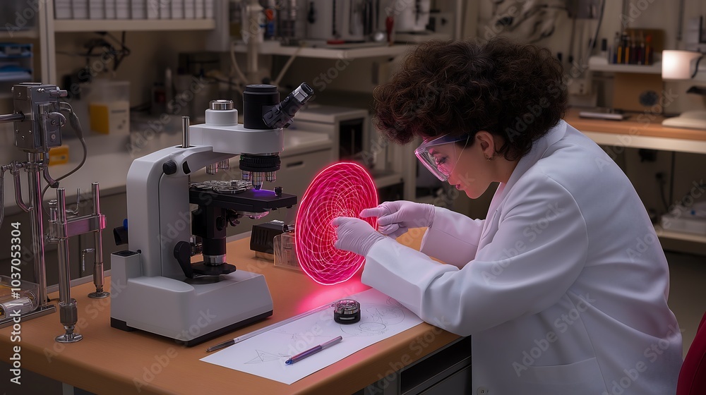 Obraz premium Female scientist observing plasma inside a nuclear fusion chamber. Bathed in blue light, holographic displays and scientific equipment