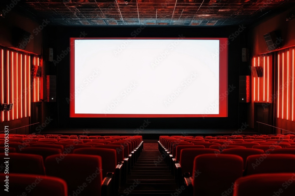 Fototapeta premium Empty cinema auditorium with red lighting and a large blank screen in anticipation of the next feature