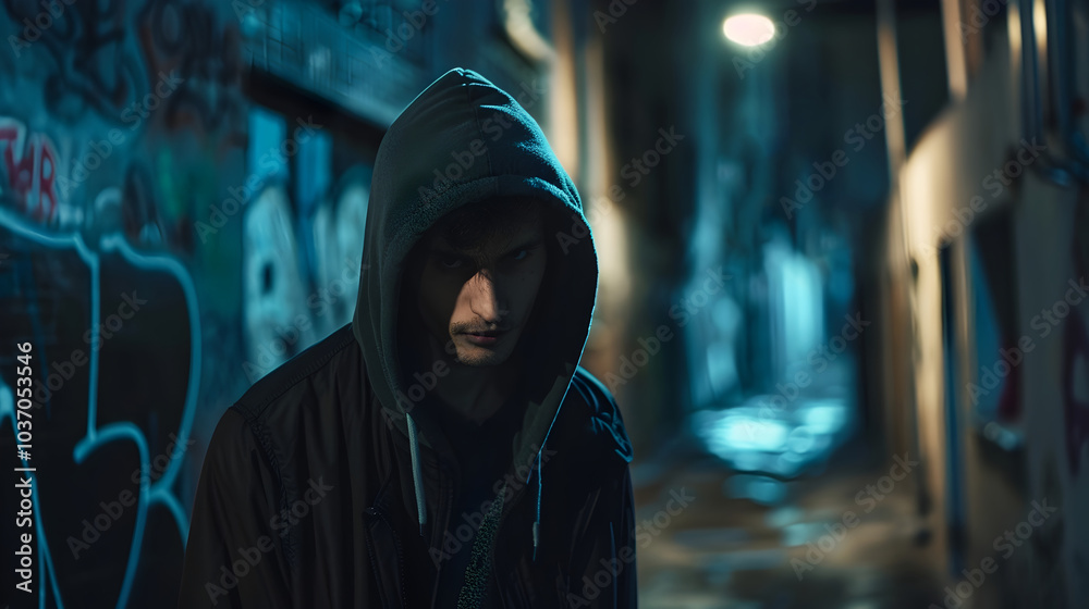 Suspicious Man in Hoodie in Dark Urban Alley at Night Suspicious Man in Hoodie in Dark Urban Alley at Night