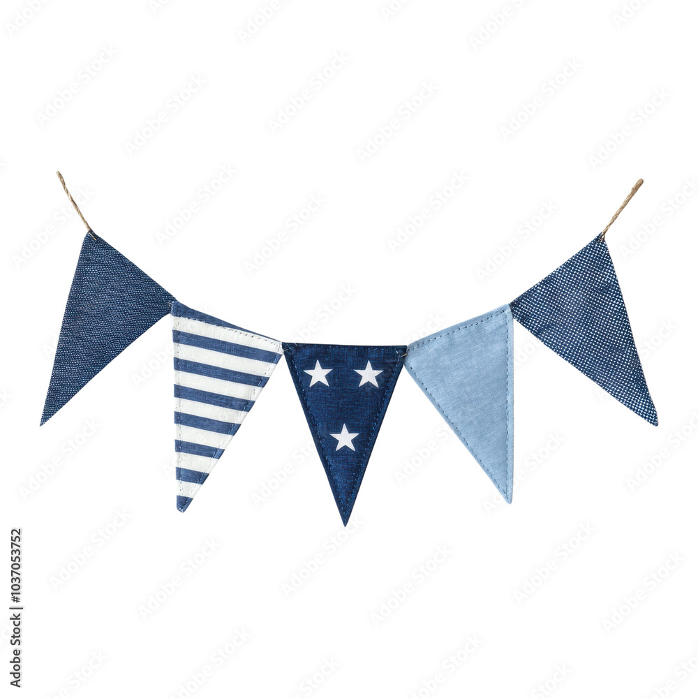 Fototapeta premium Colorful fabric bunting with various blue patterns on white isolate background.