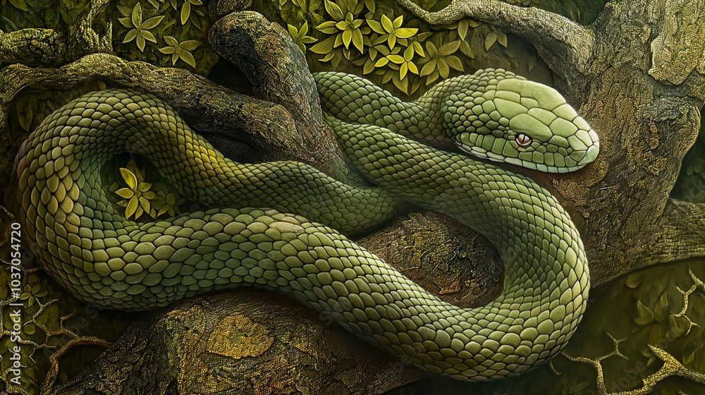 Green snake with intricate scales rests on a branch in a lush jungle, creating a mesmerizing scene with captivating textures Green snake with intricate scales rests on a branch in a lush jungle, creating a mesmerizing scene with captivating textures