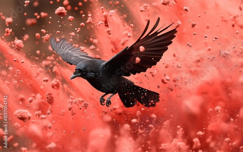 A black crow flying through a red powder explosion. photo