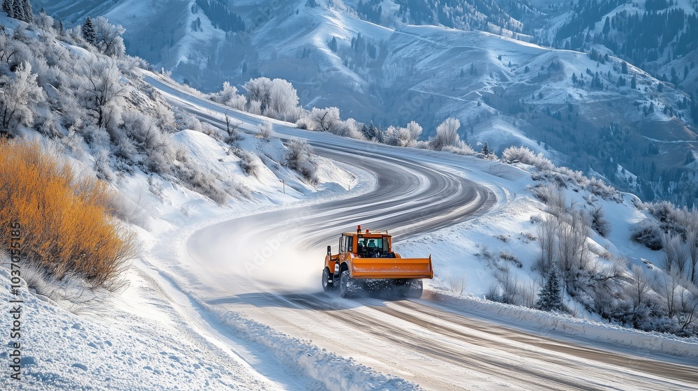 A time-lapse view of a snowplow clearing a winding mountain road, revealing the landscape