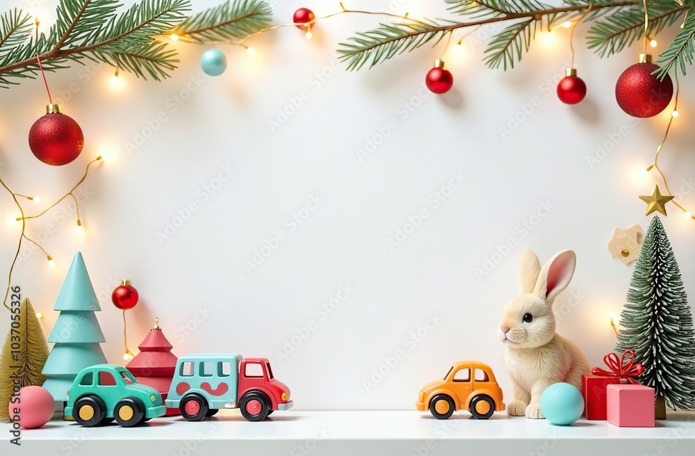 Fototapeta premium frame for text made from colourful kids toys, rabbit, toy cars, balls, cubes, with golden garland lights, on white Christmas background, festive golden bokeh