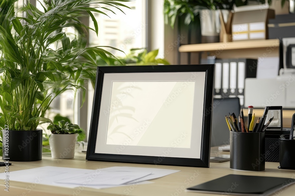 A modern office desk with houseplants and an empty picture frame in soft natural light A modern office desk with houseplants and an empty picture frame in soft natural light