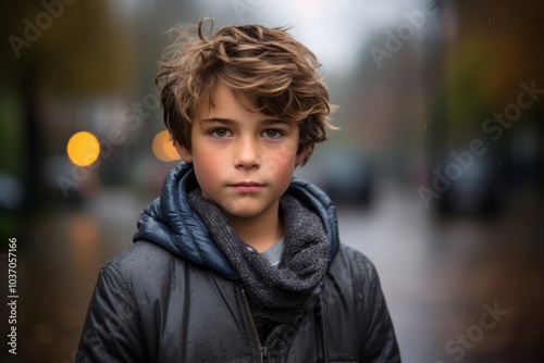 Portrait of a boy in the rain on a blurred background.