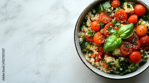 Detailed image of a dietfocused lunch featuring organic vegetables and healthy grains with a minimalist background photo