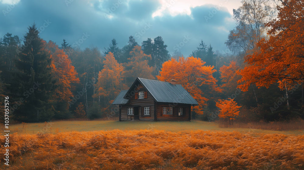 A small house is in a field of grass with trees in the background A small house is in a field of grass with trees in the background