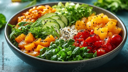 Detailed image of a dietfocused lunch featuring organic vegetables and healthy grains with a minimalist background photo