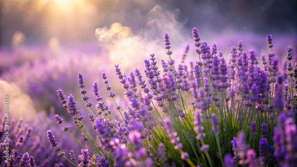 Naklejka premium A delicate lavender mist drifts upwards from a patch of overgrown lavender flowers, overgrowth, mist, garden