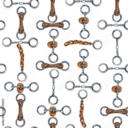 Seamless pattern with watercolor illustration of golden snaffle, bit with D-Ring and circle rings. Equipment for horse riding set. Isolated. For cards, prints, decor