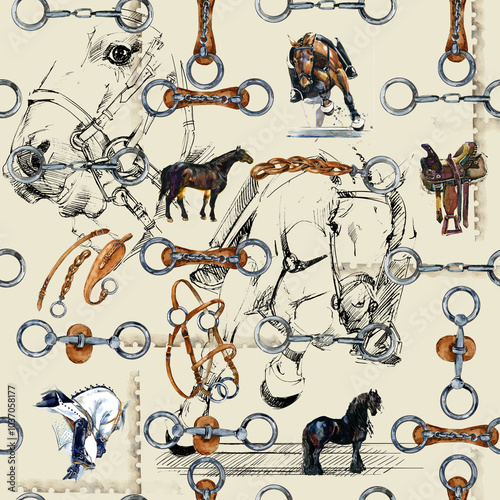 harness horse watercolor pattern. equestrian seamless background