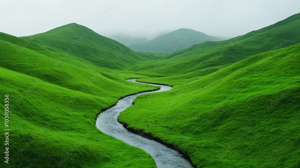 Serene Landscape, A Winding River Through Lush Green Hills Serene Landscape, A Winding River Through Lush Green Hills