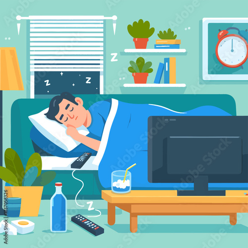 A man is sleeping on a couch with a remote control next to him