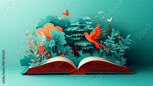 A pop-up book style artwork with 2D flat elements springing into 3D scenes