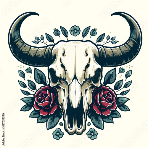 A skull with horns and roses on logo