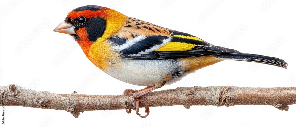Fototapeta premium Goldfinch on Branch, vibrant goldfinch resting on a delicate branch, showcasing bright yellow plumage and serene surroundings