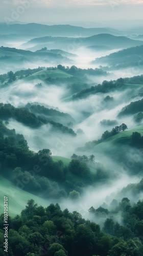 clouds swirl in soft hues of gray and blue creating a serene canvas above a tranquil landscape dotted with gentle hills