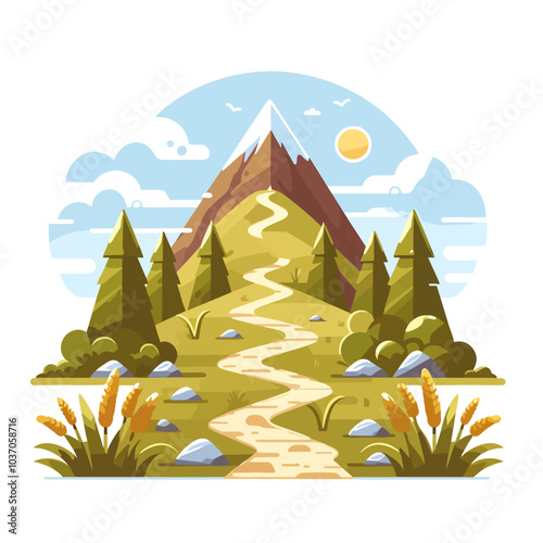 A mountain range with a path leading up