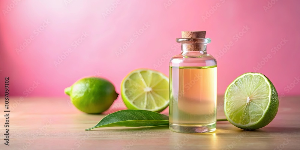 A glass bottle of citrus essential oil with halved limes and leaves on a wooden table against a pink background A glass bottle of citrus essential oil with halved limes and leaves on a wooden table against a pink background