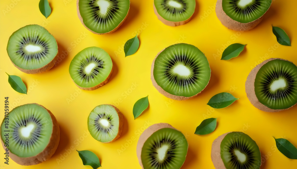 Fototapeta premium Kiwi Fruit Pattern on Yellow Background.