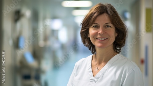 A confident middle-aged nurse wearing scrubs smiles warmly in a hospital corridor, embodying professionalism and compassion in the healthcare setting.