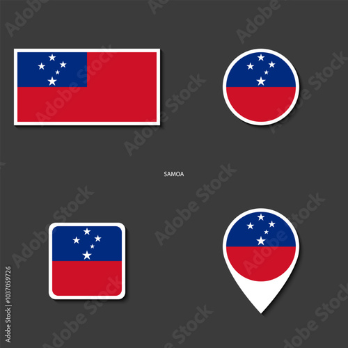 Samoa flag icon set in different shape (rectangle, circle, square and marker icon) on dark grey background. Samoa sticker icon collection on barely dark background	