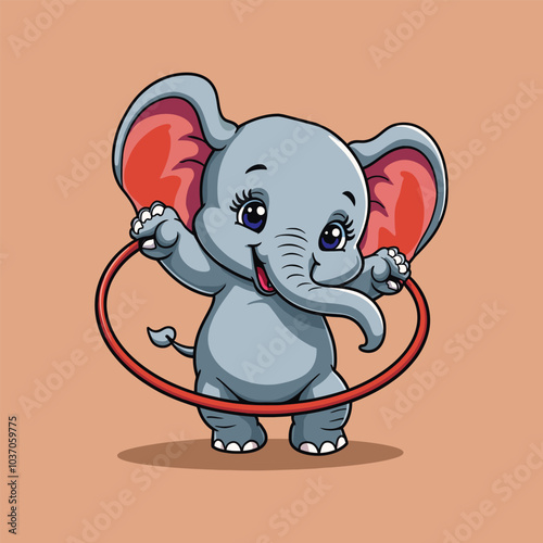 Playful Elephant with a Hoop: A cute cartoon elephant joyfully twirls a red hoop, creating a playful scene against a soft, warm background, radiating childhood joy.