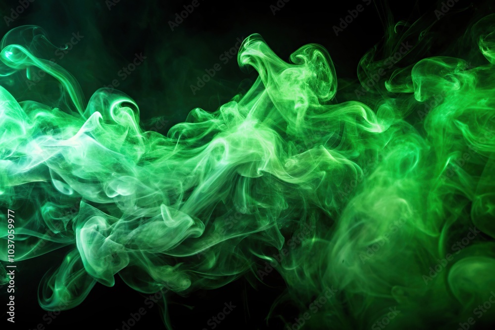 Abstract green smoke on dark background flowing and ethereal point of view