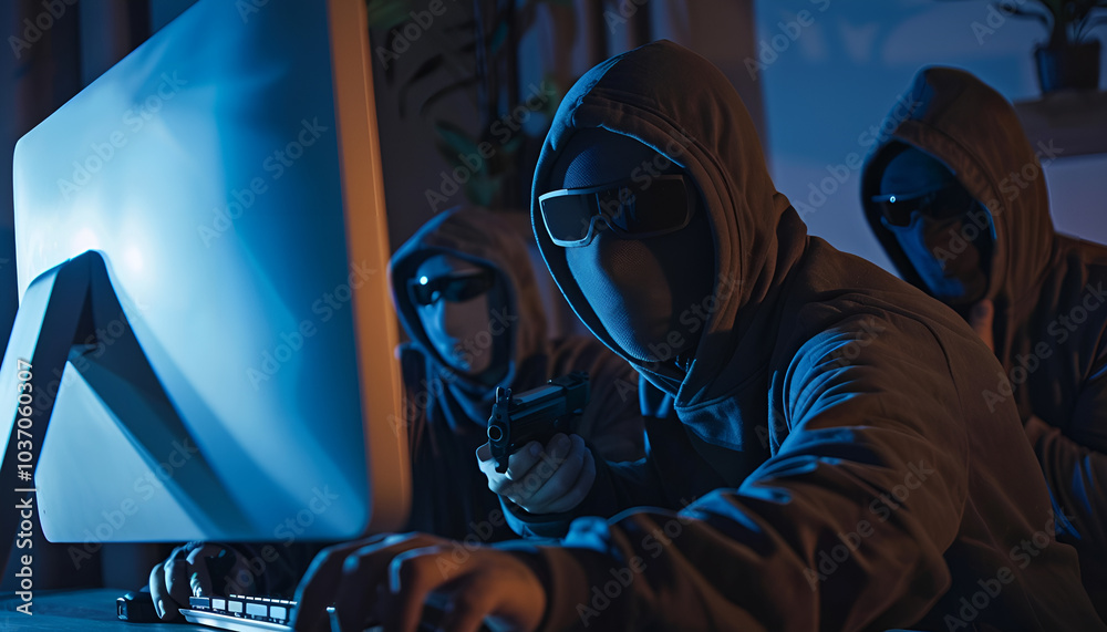 Dangerous masked criminals with weapon stealing computer from house Dangerous masked criminals with weapon stealing computer from house