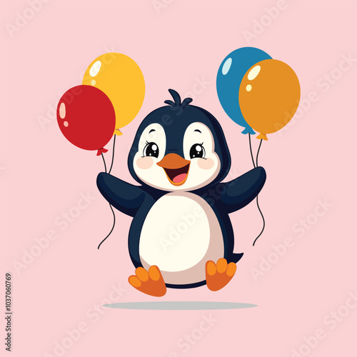 Penguin with Balloons: A joyful illustration of an adorable penguin, eyes sparkling with happiness, clutching colorful balloons, perfect for celebrations and moments of joy. 