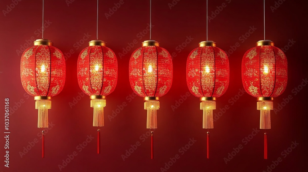 Chinese lanterns placeholder with empty space for text. 3d red lanterns swaying with golden particle effect and red background. Chinese New Year celebration banner, digital animation render.