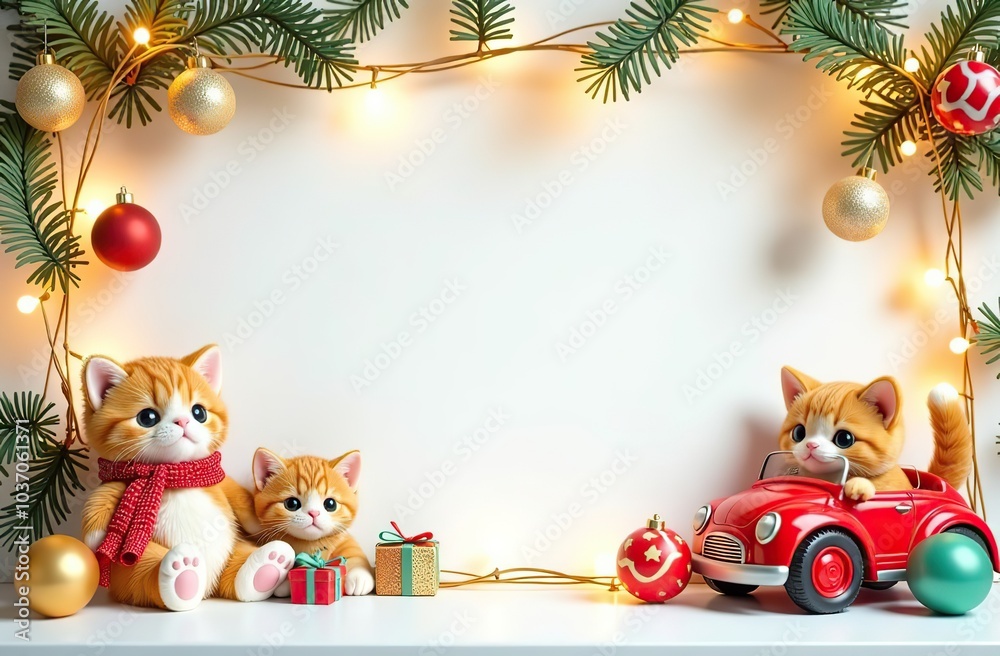 Fototapeta premium frame for text made from colourful kids toys,fluffy cats, toy cars, balls, cubes, with golden garland lights, on white Christmas background, festive golden bokeh
